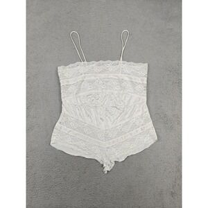 Vintage Tessie Teddy Womens Medium White Lace Sheer Floral One Piece Snap Crotch